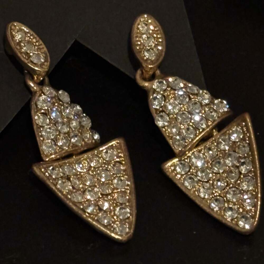 Gold-Tone Geometric Double Triangle Drop Earrings with Pavé Crystals - Picture 5 of 12